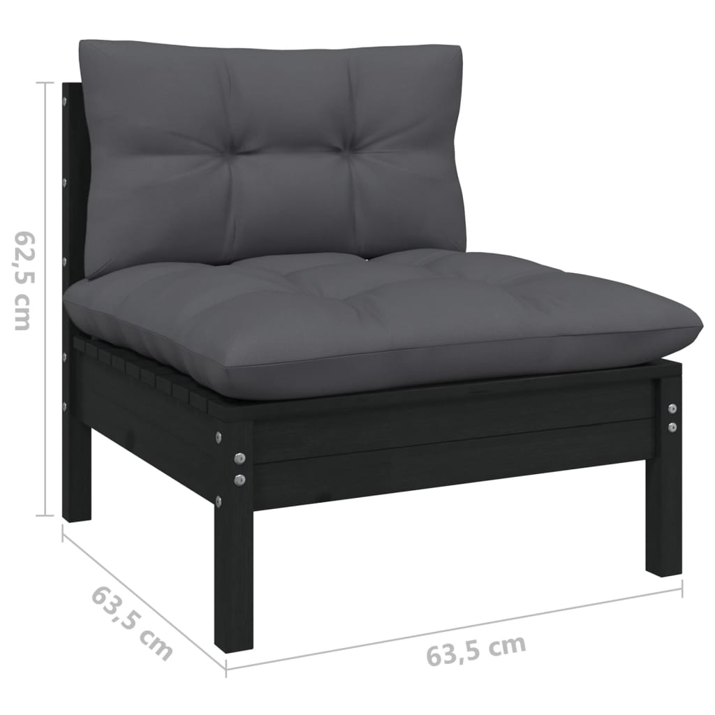 Set mobilier grădină cu perne, 3 piese, negru, lemn masiv pin