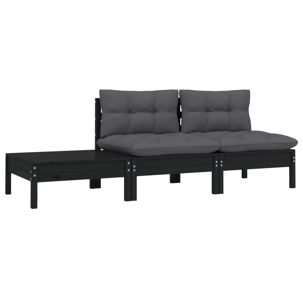 Set mobilier grădină cu perne, 3 piese, negru, lemn masiv pin