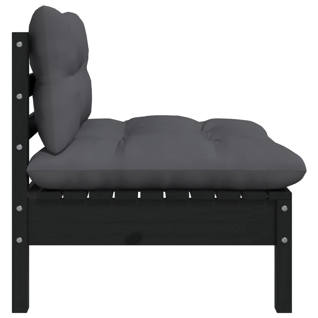 Set mobilier grădină cu perne, 3 piese, negru, lemn masiv pin