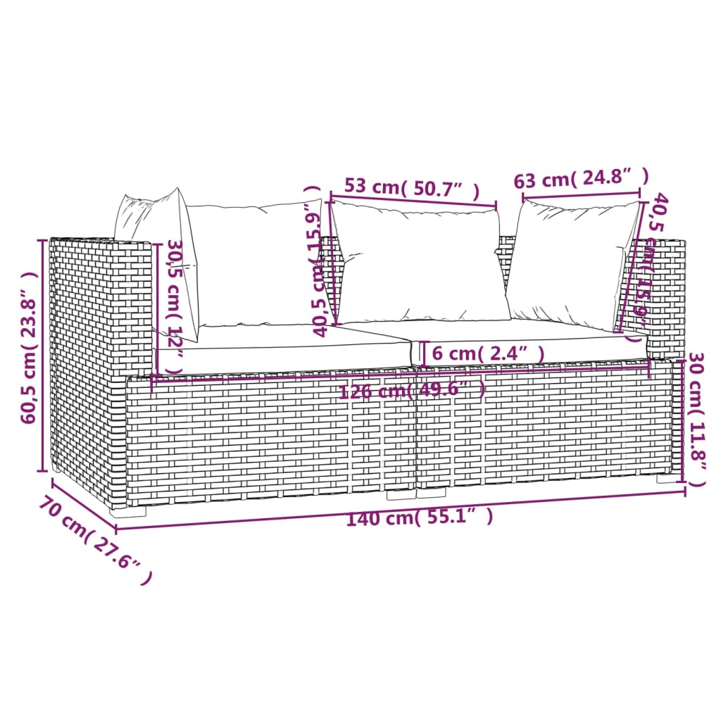 Set mobilier de grădină cu perne, 3 piese, maro, poliratan