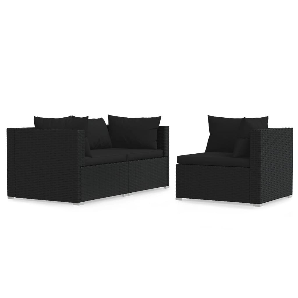 Set mobilier de grădină cu perne, 3 piese, negru, poliratan