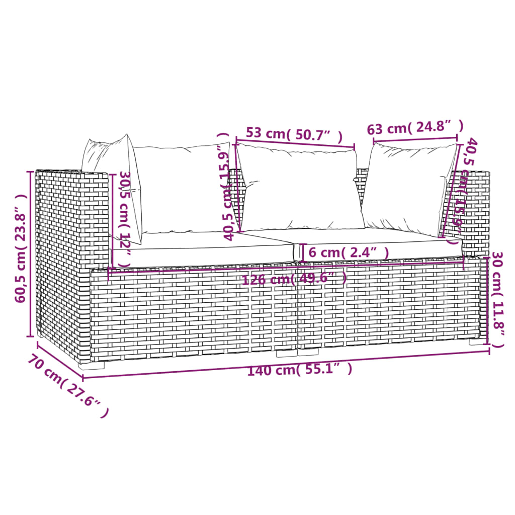 Set mobilier de grădină cu perne, 3 piese, negru, poliratan