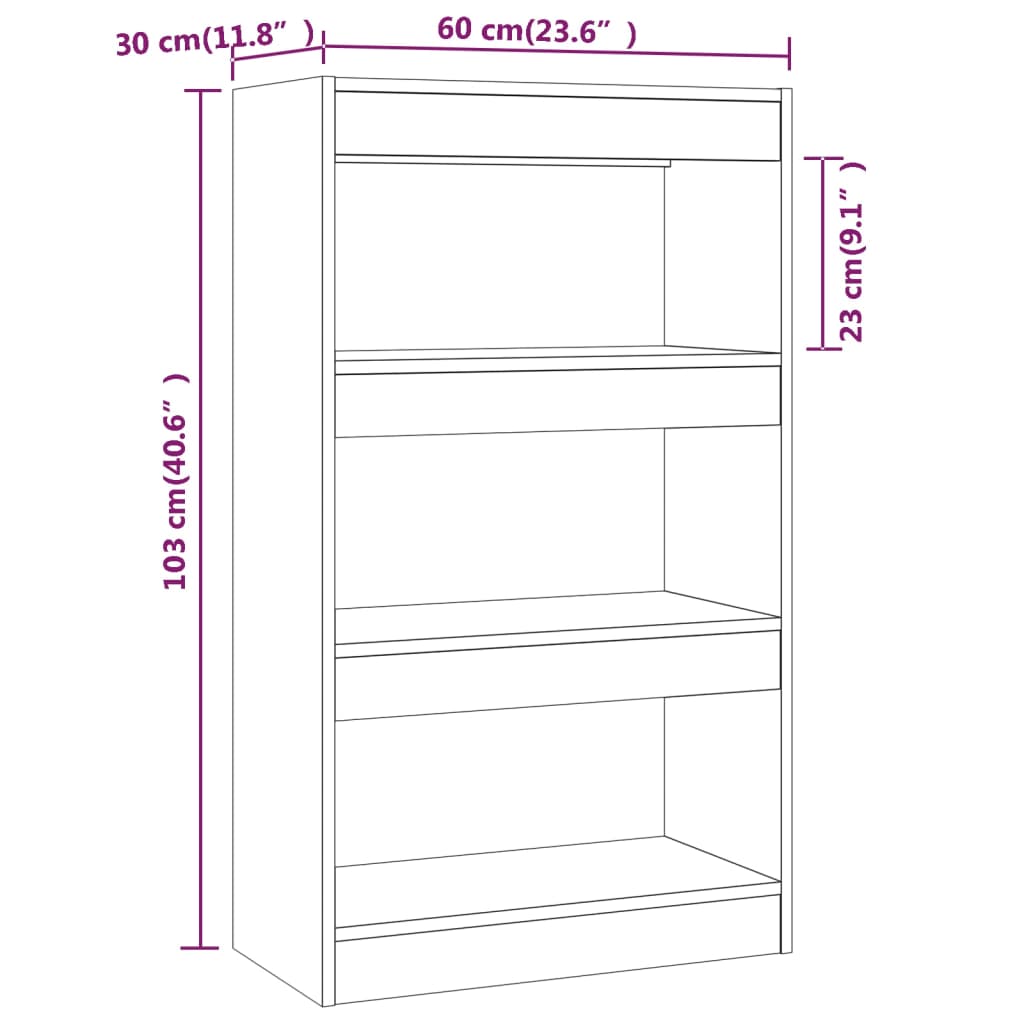 Bibliotecă/Separator cameră, alb extralucios, 60x30x103 cm, PAL