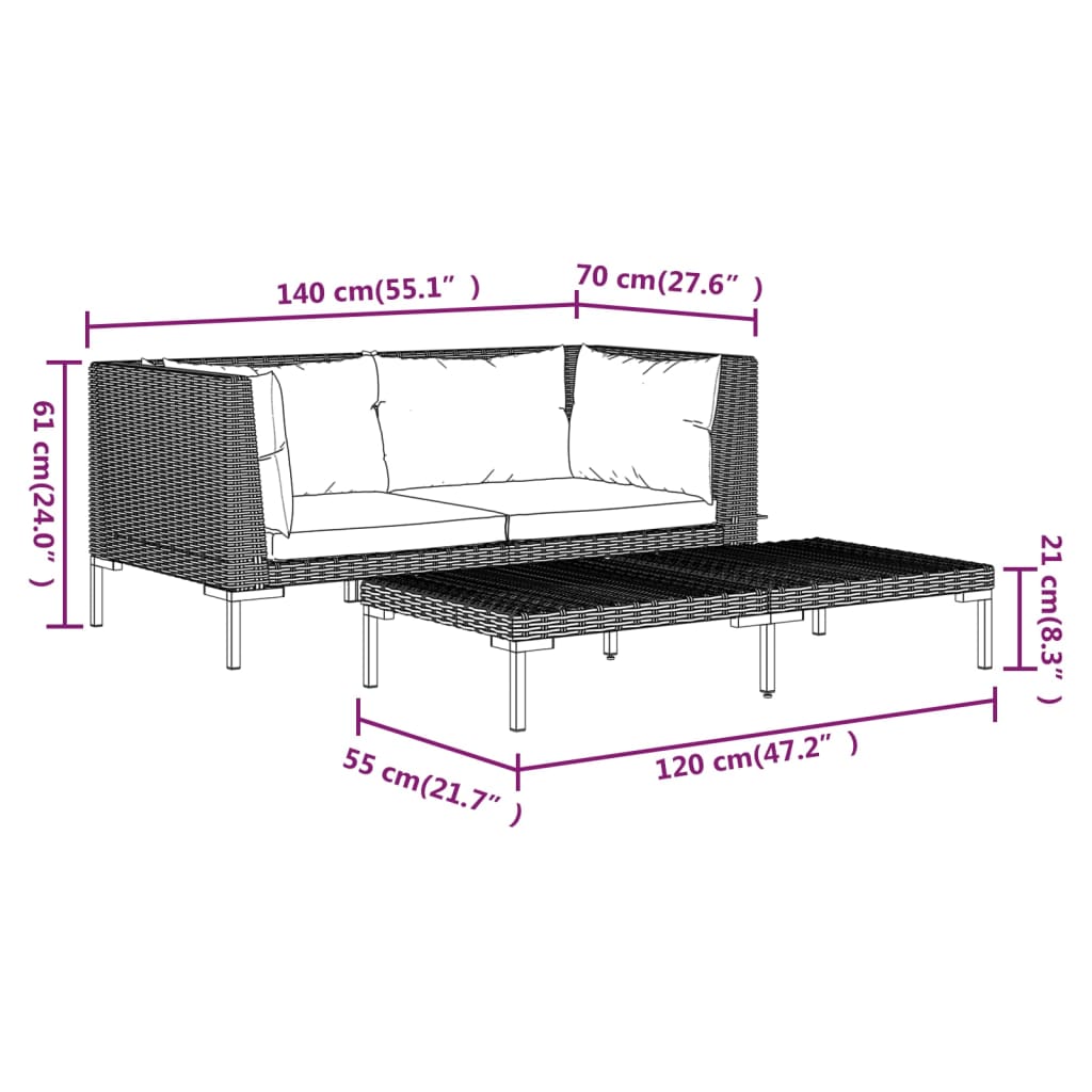 Set mobilier grădină 3 piese, gri închis, poliratan semi-rotund