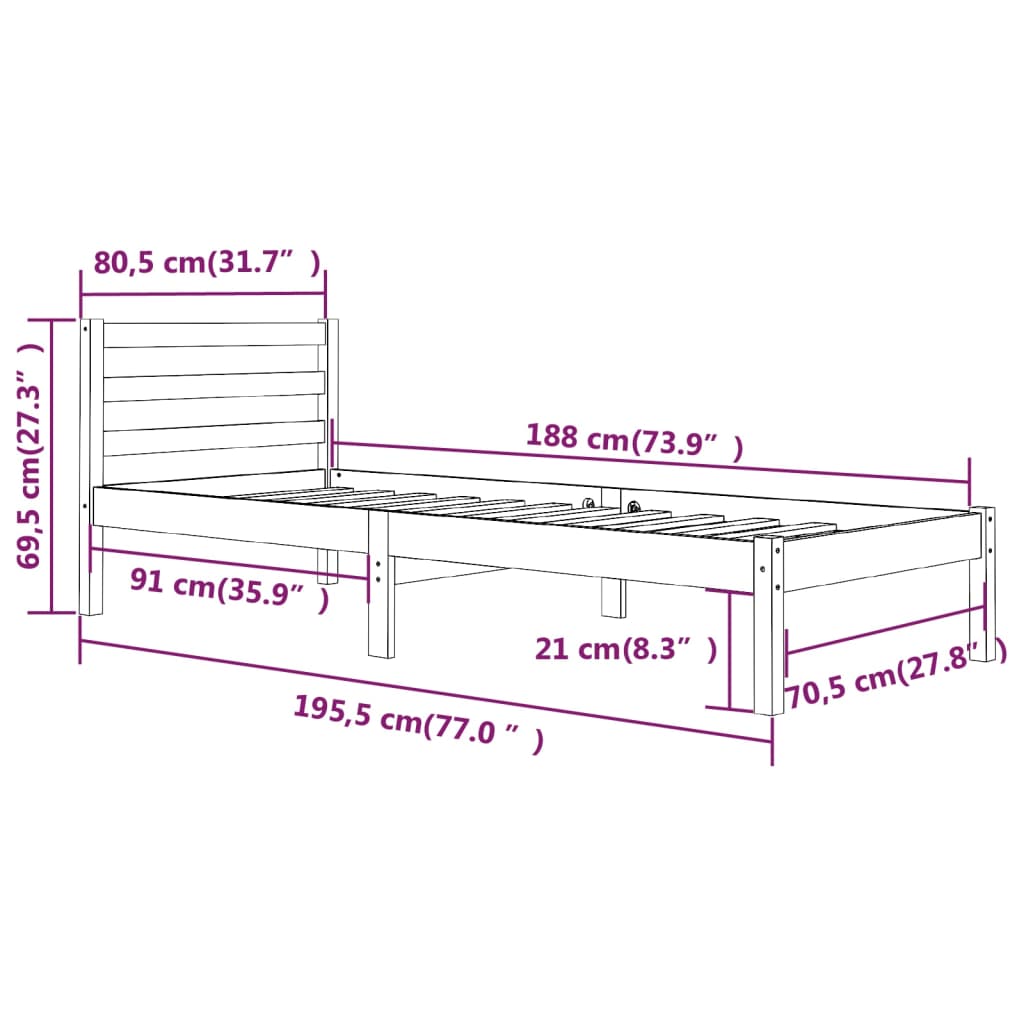 Cadru de pat mic single, 75x190 cm, lemn masiv de pin