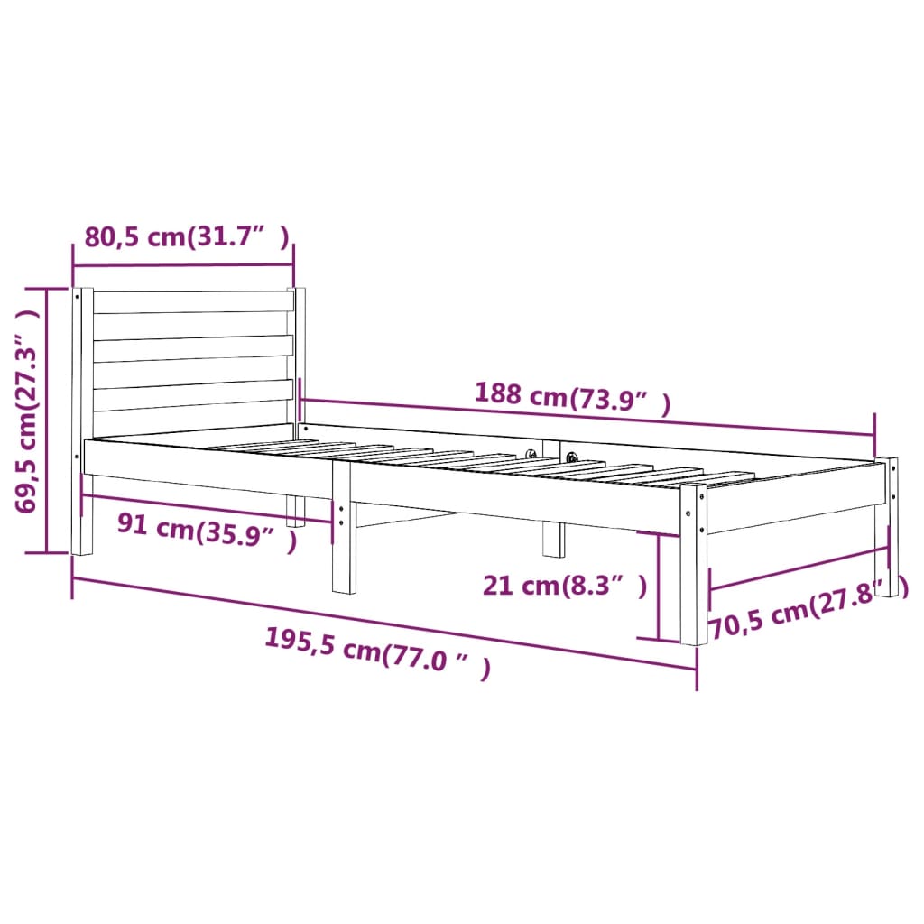 Cadru de pat mic Single 2FT6, alb, 75x190 cm, lemn masiv de pin