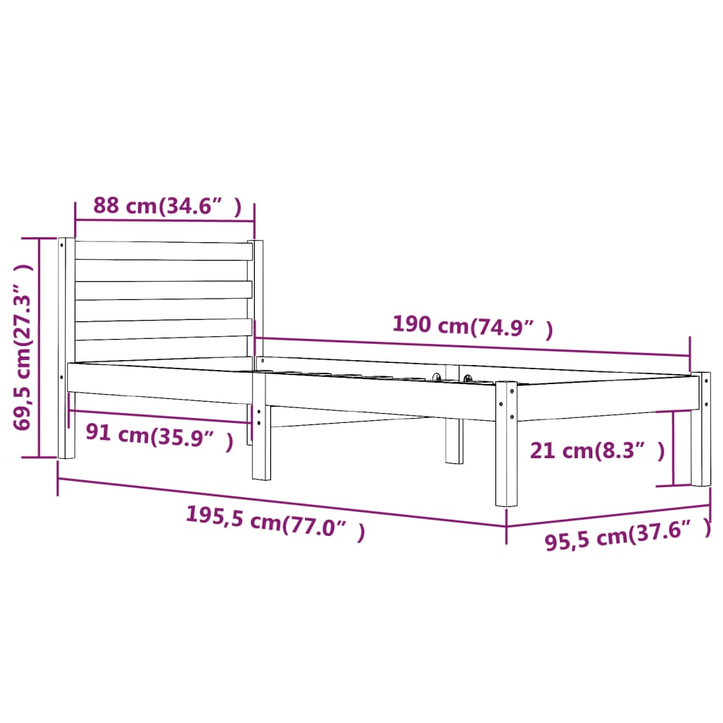 Cadru de pat Single 3FT, alb, 90x190 cm, lemn masiv de pin