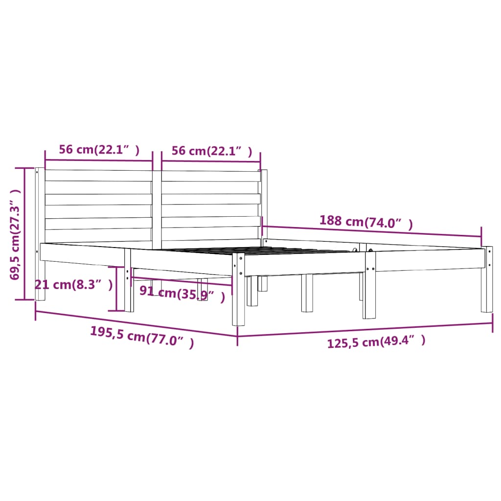 Cadru de pat mic dublu 4FT, alb, 120x190 cm, lemn masiv de pin