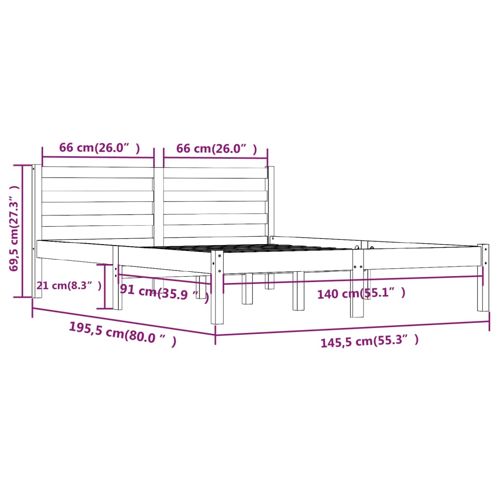 Cadru de pat, gri, 140x190 cm, lemn masiv de pin