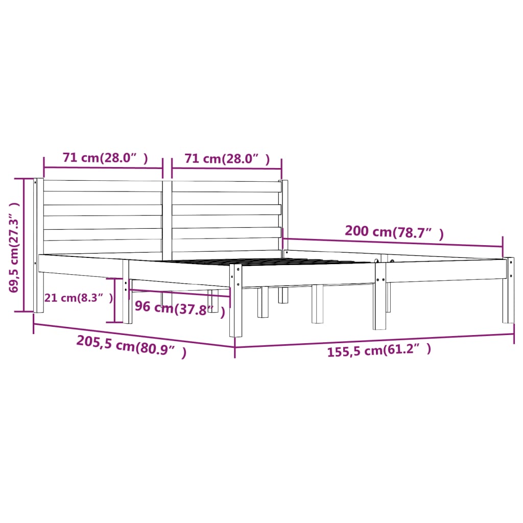 Cadru de pat King Size 5FT, alb, 150x200 cm, lemn masiv de pin