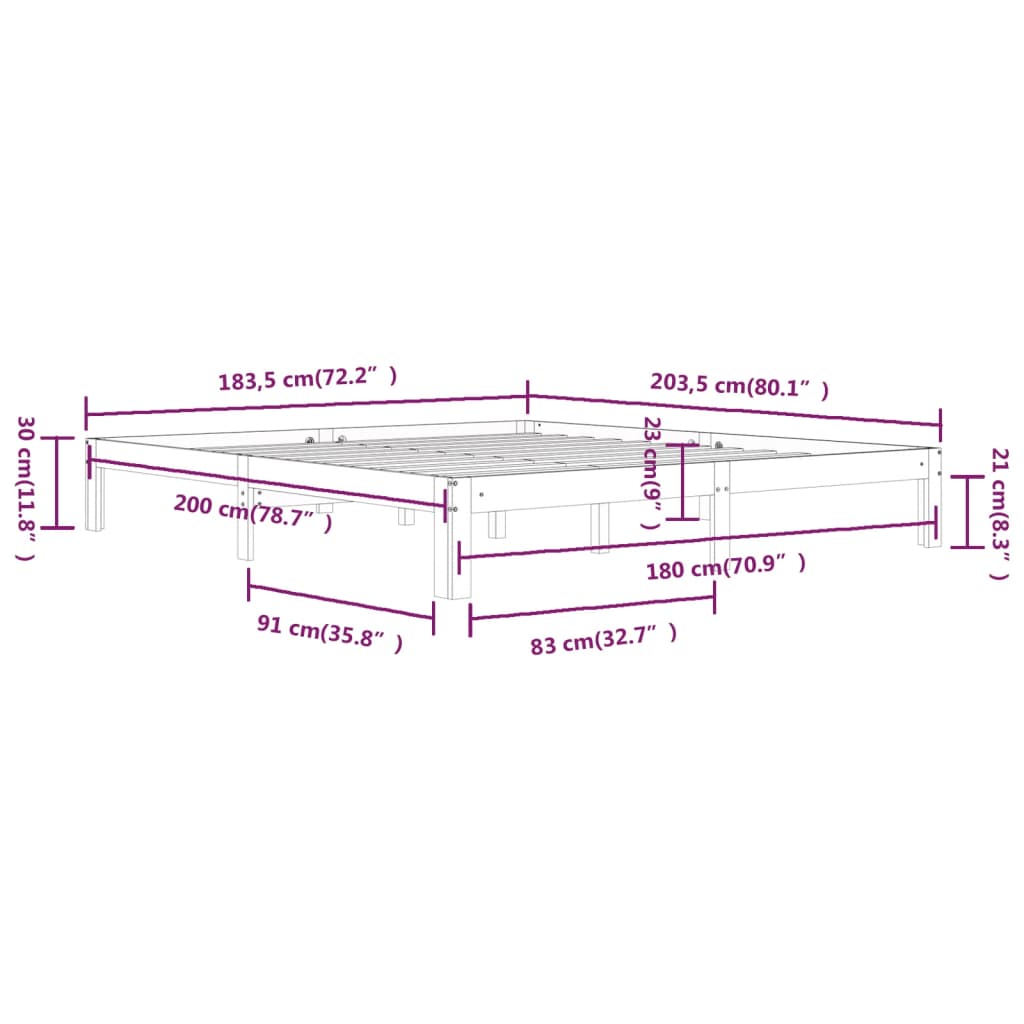 Cadru de pat Super King, gri, 180x200 cm, lemn masiv