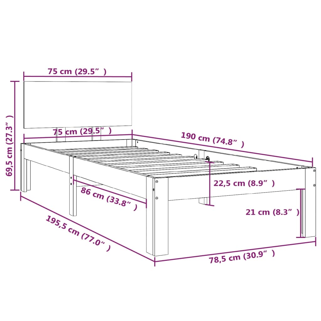 Cadru de pat mic single, 75x190 cm, lemn masiv