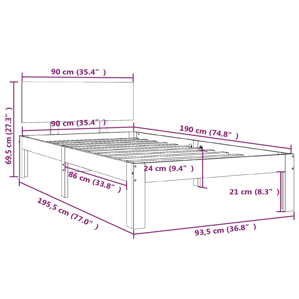 Cadru de pat single, 90x190 cm, lemn masiv