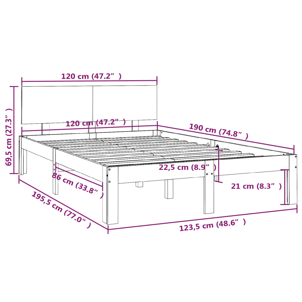 Cadru de pat mic dublu, negru, 120x190 cm, lemn masiv