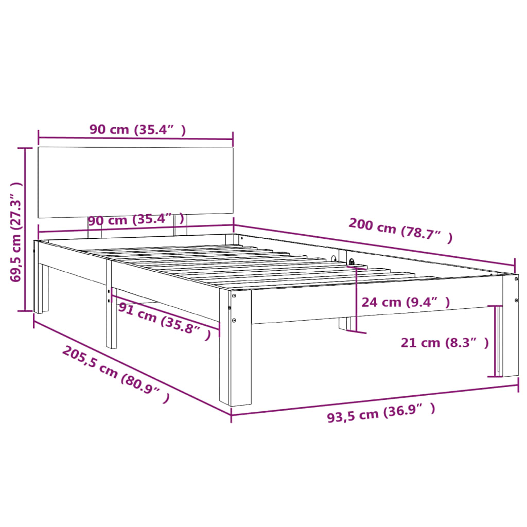 Cadru de pat, gri, 90x200 cm, lemn masiv de pin