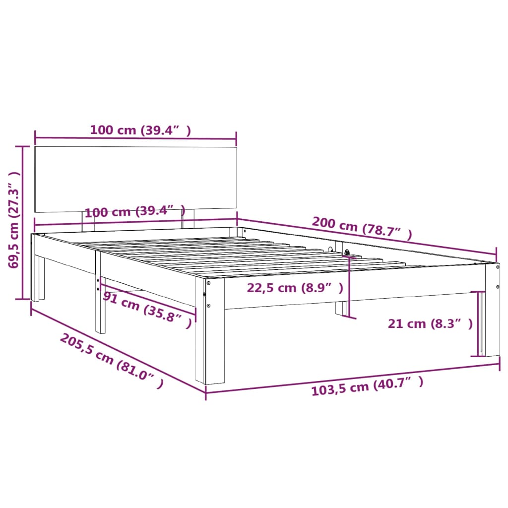 Cadru de pat, gri, 100x200 cm, lemn masiv de pin