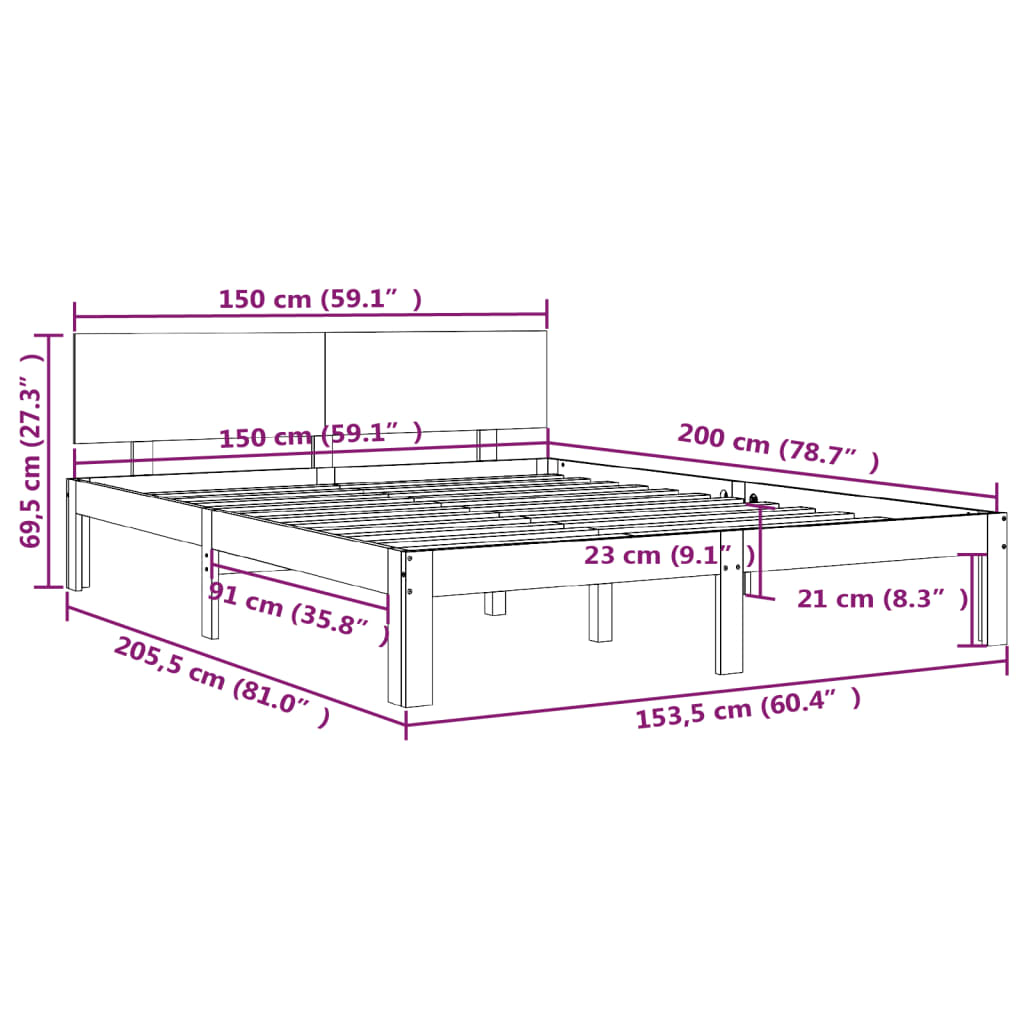 Cadru de pat King Size, gri, 150x200 cm, lemn masiv