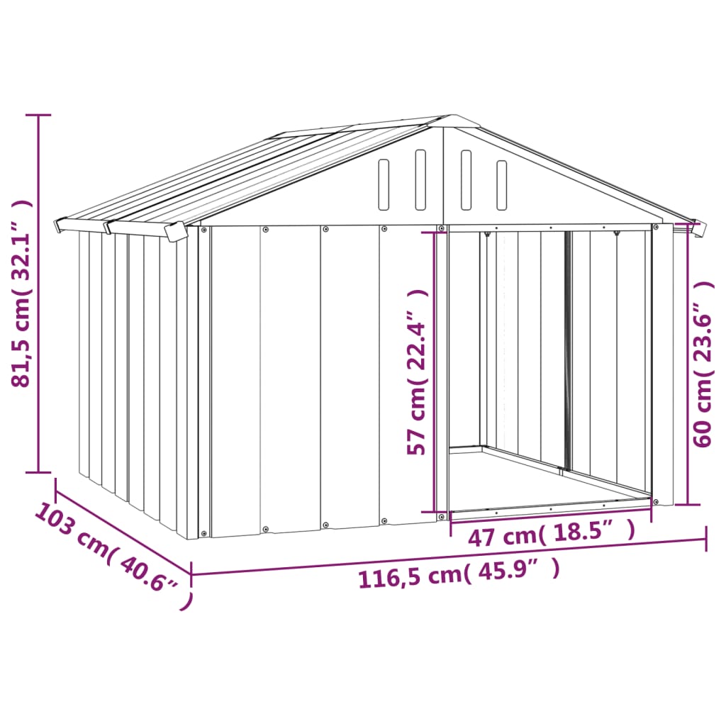 Casă pentru câini, gri, 116,5x103x81,5 cm, oțel galvanizat