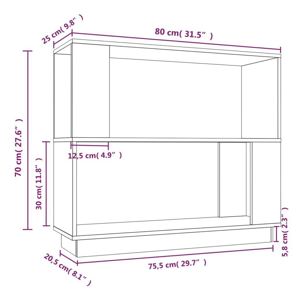 Bibliotecă/Separator cameră, alb, 80x25x70 cm lemn masiv pin