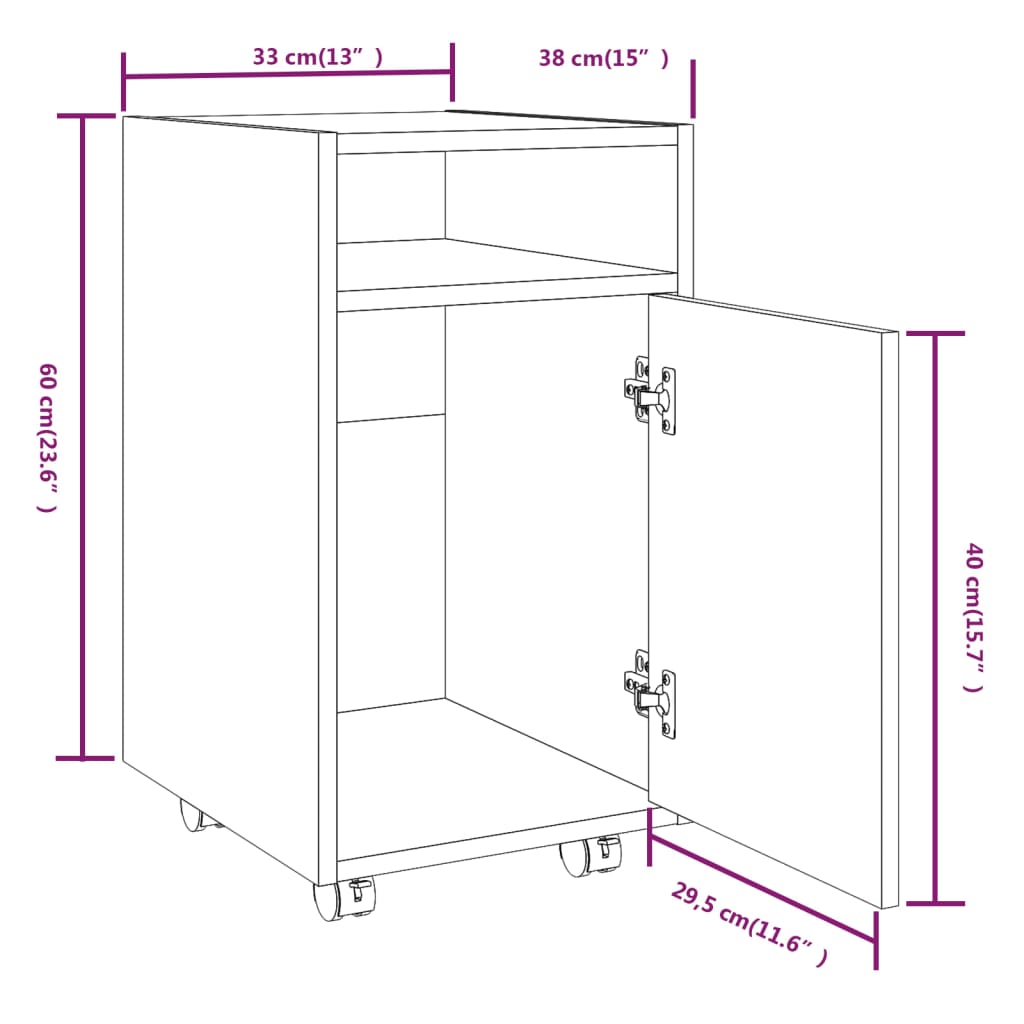 Dulap lateral cu roți stejar afumat 33x38x60 cm lemn prelucrat