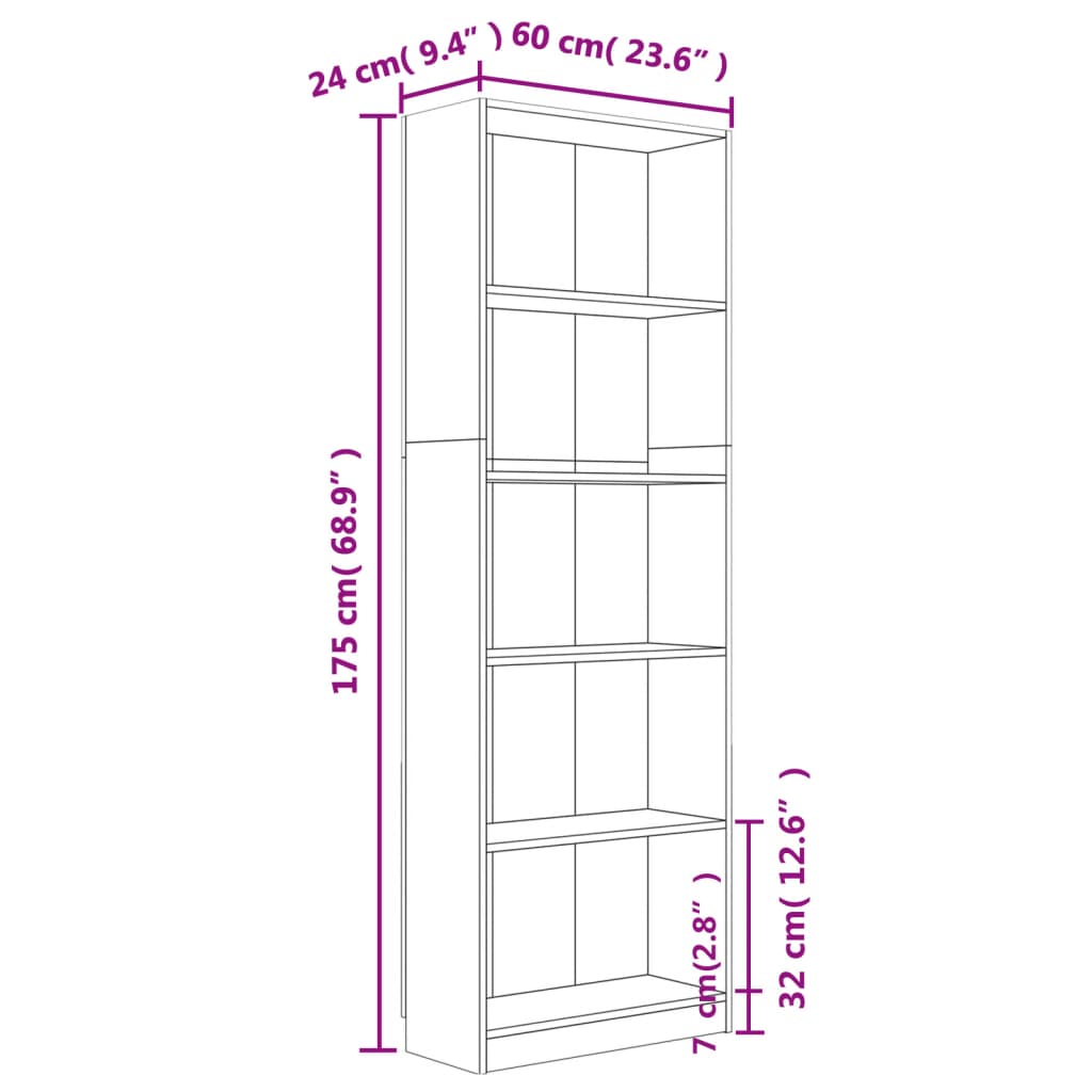 Bibliotecă 5 niveluri stejar maro 60x24x175 cm lemn compozit