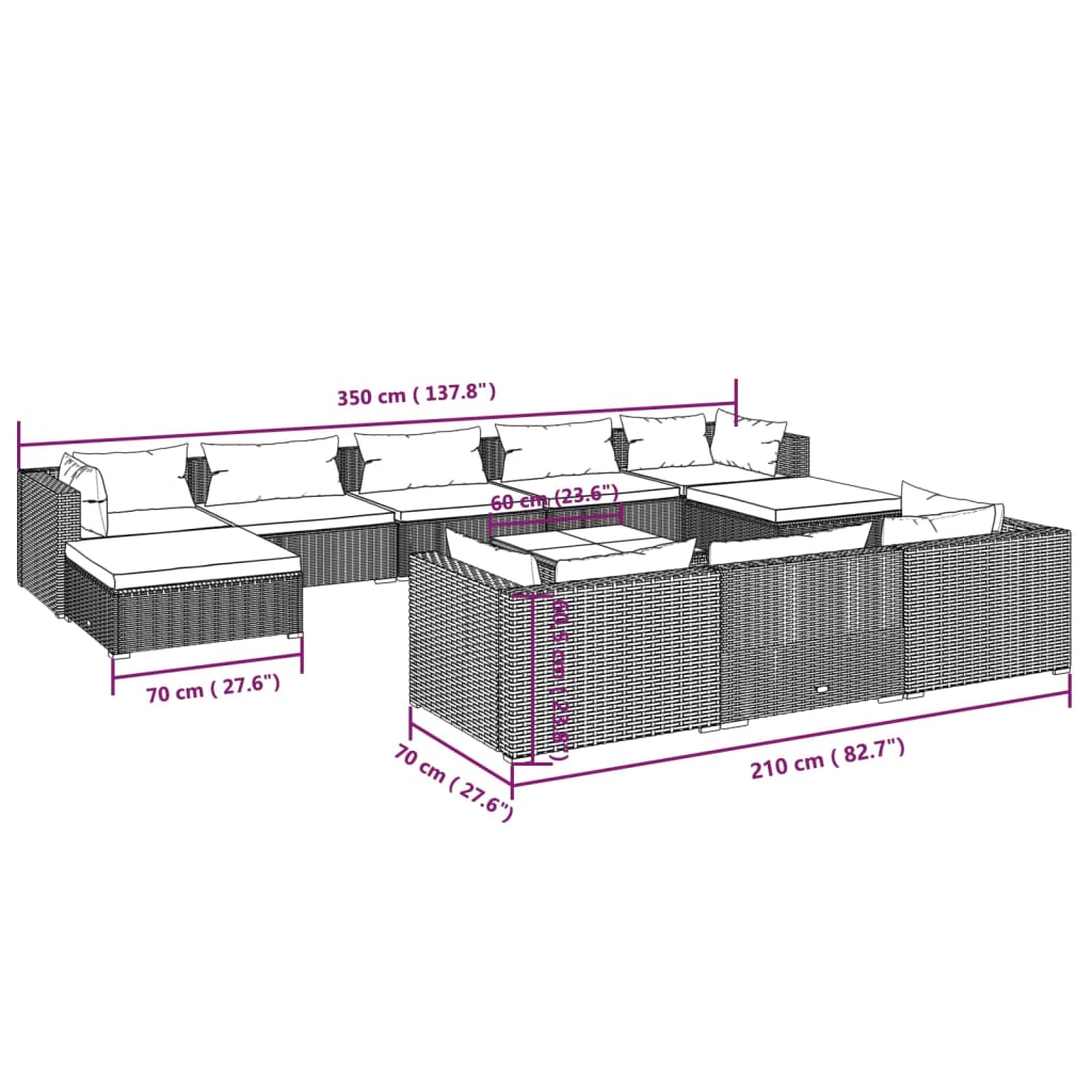 Set mobilier de grădină cu perne, 11 piese, maro, poliratan