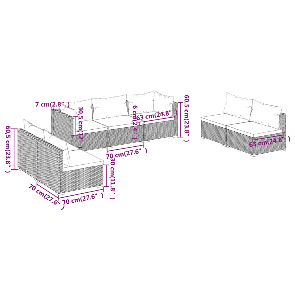 Set mobilier de grădină cu perne, 7 piese, maro, poliratan