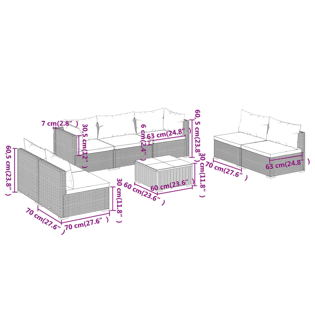 Set mobilier de grădină cu perne, 8 piese, maro, poliratan