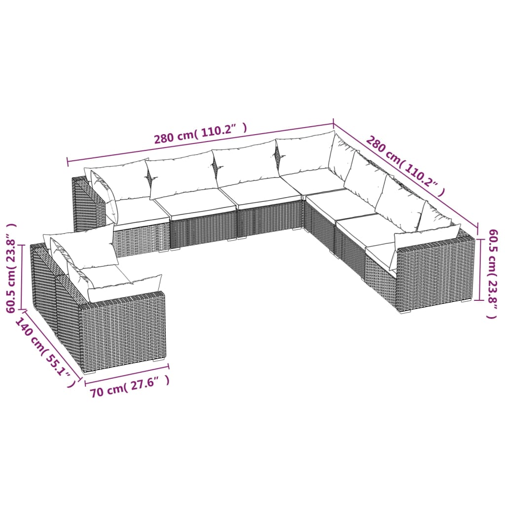 Set mobilier de grădină cu perne, 9 piese, maro, poliratan