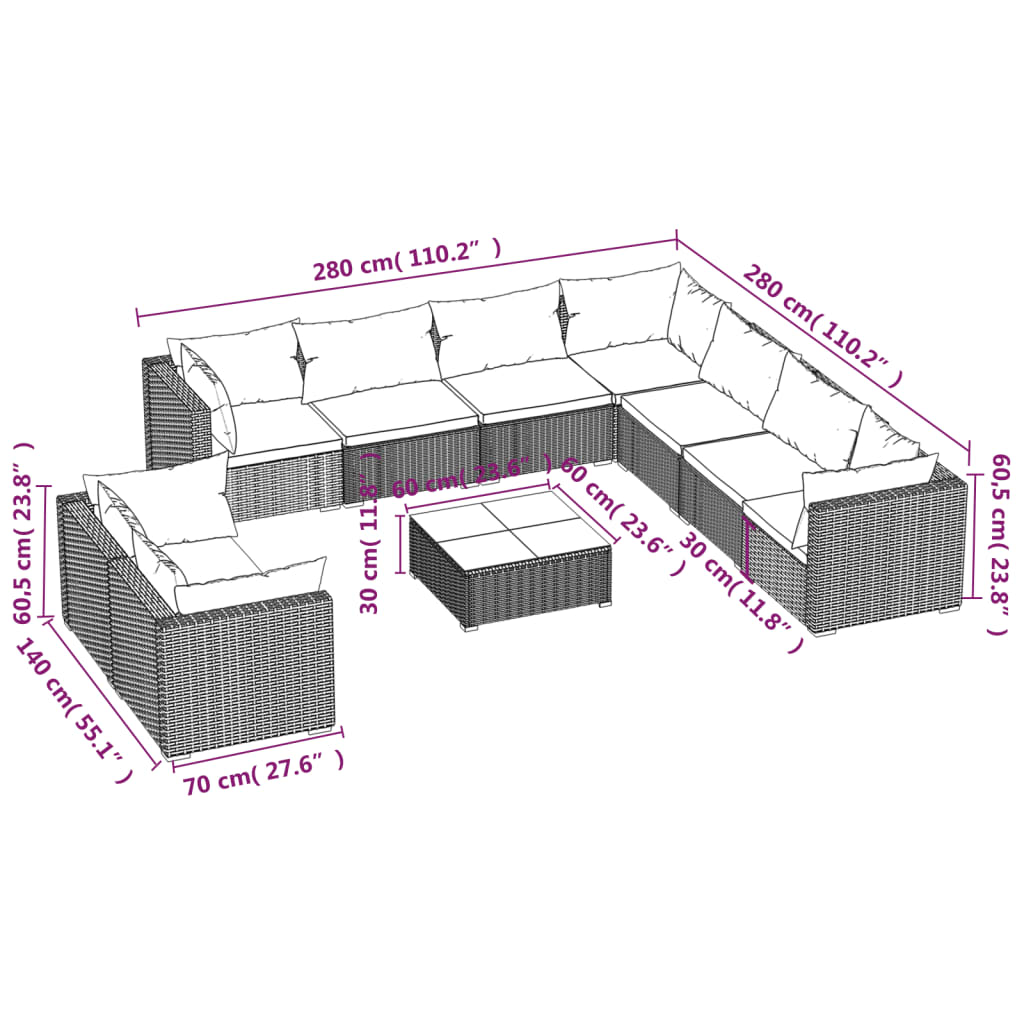 Set mobilier de grădină cu perne, 10 piese, maro, poliratan