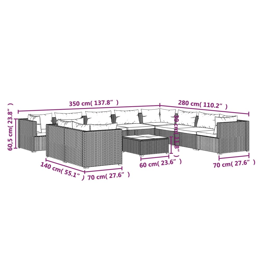 Set mobilier de grădină cu perne, 11 piese, maro, poliratan