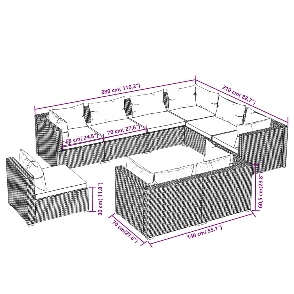 Set mobilier de grădină cu perne, 9 piese, maro, poliratan