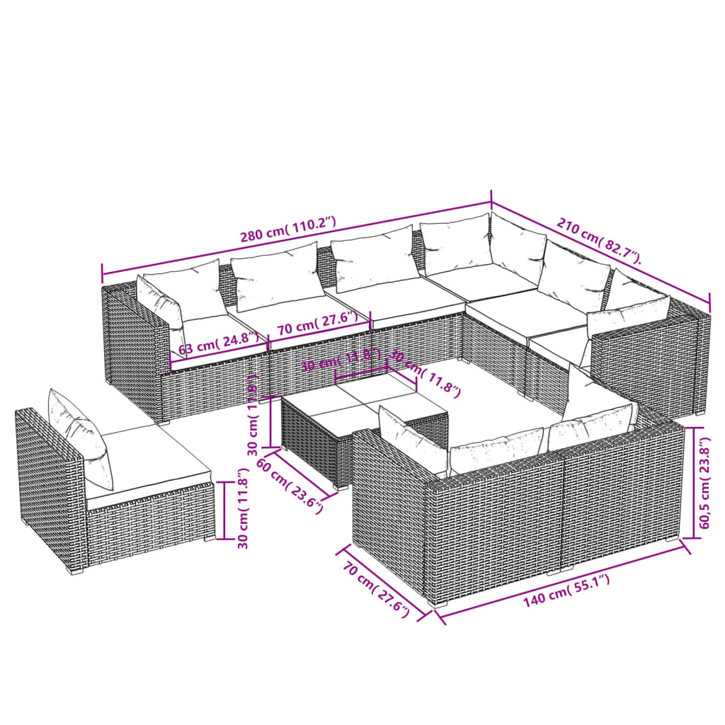 Set mobilier de grădină cu perne, 10 piese, maro, poliratan