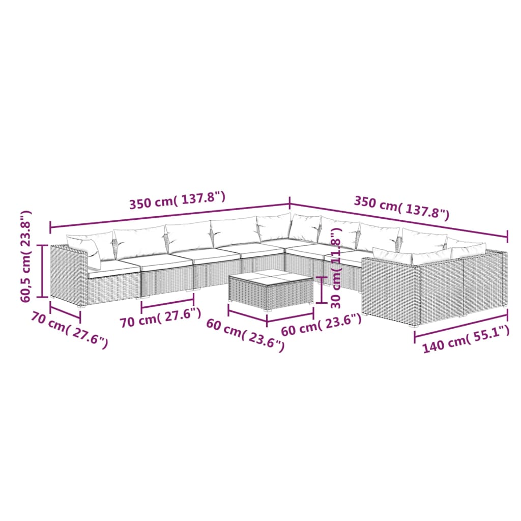 Set mobilier de grădină cu perne, 11 piese, maro, poliratan