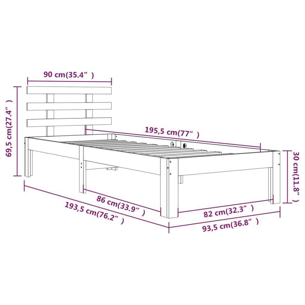 Cadru de pat single, alb, 90x190 cm, lemn masiv