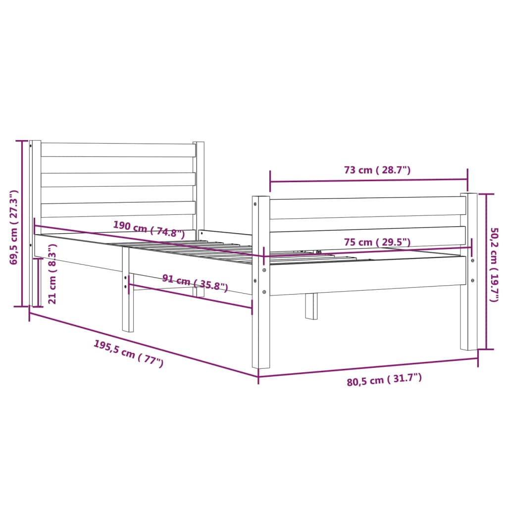 Cadru de pat mic single, 75x190 cm, lemn masiv