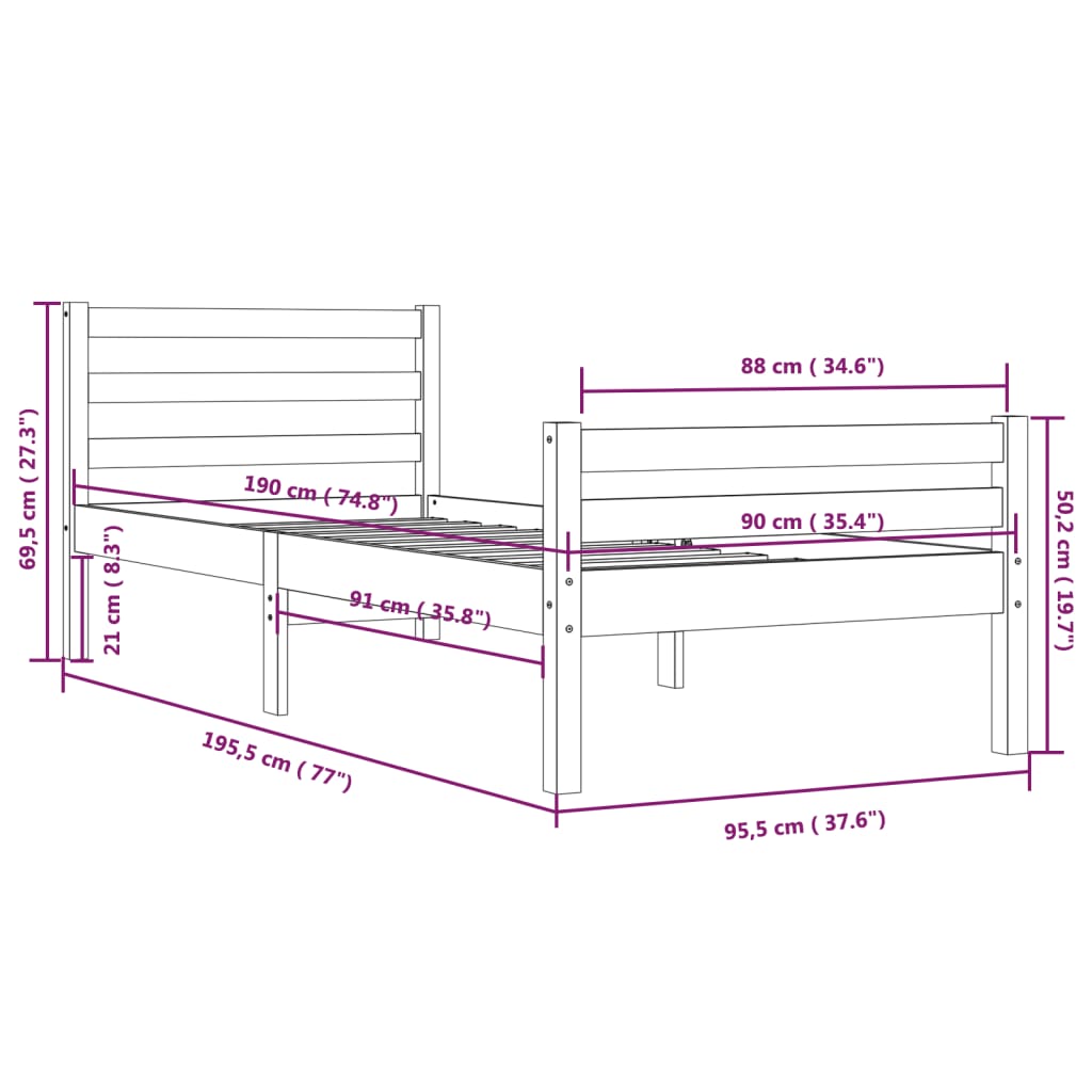 Cadru de pat single, 90x190 cm, lemn masiv