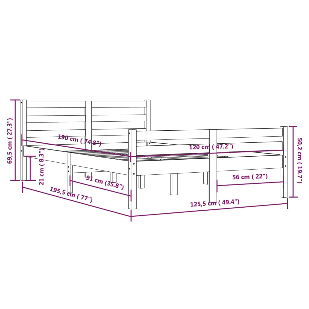 Cadru de pat mic dublu, alb, 120x190 cm, lemn masiv