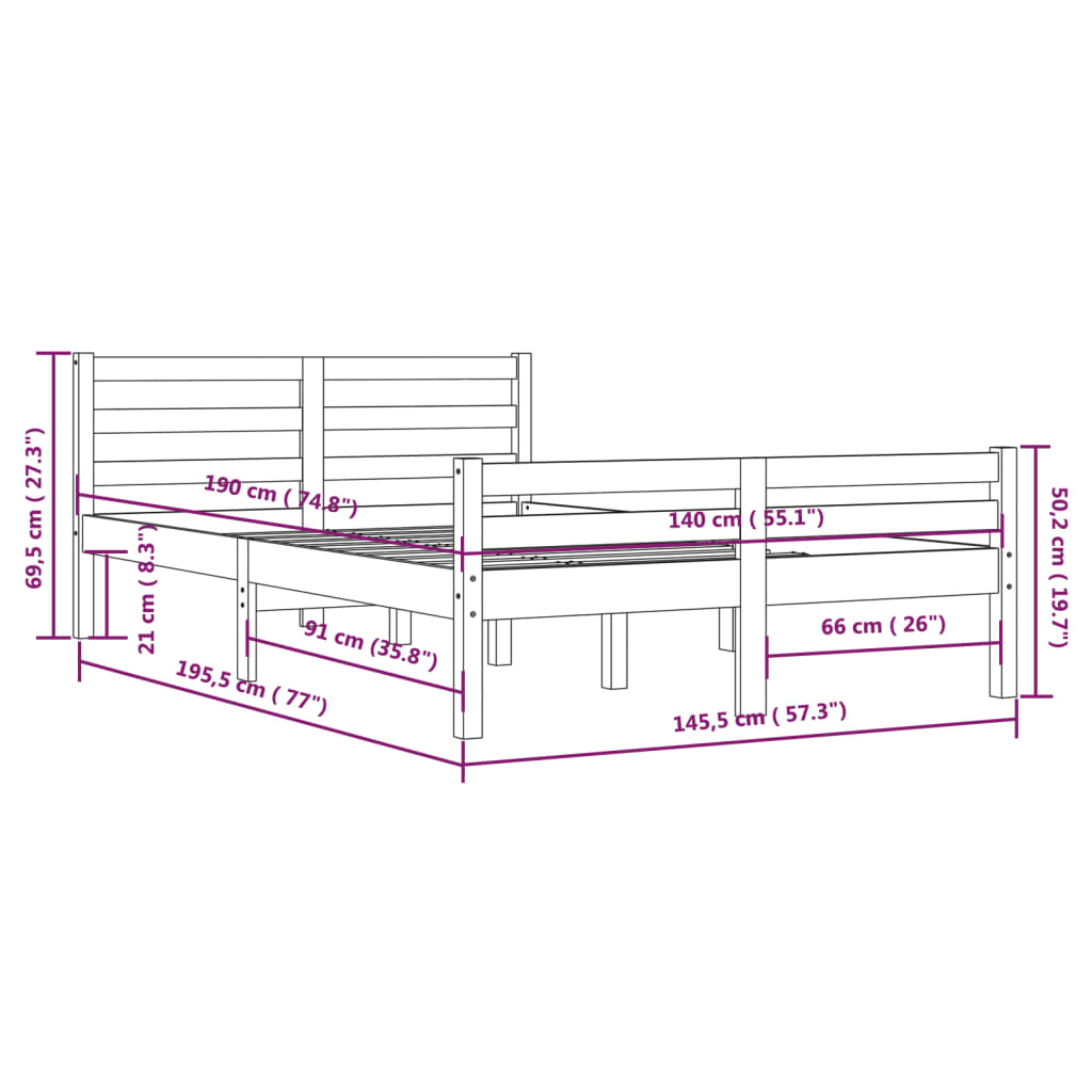 Cadru de pat, gri, 140x190 cm, lemn masiv de pin