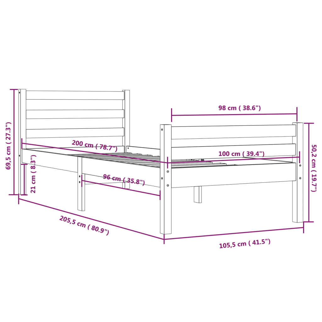 Cadru de pat, gri, 100x200 cm, lemn masiv de pin