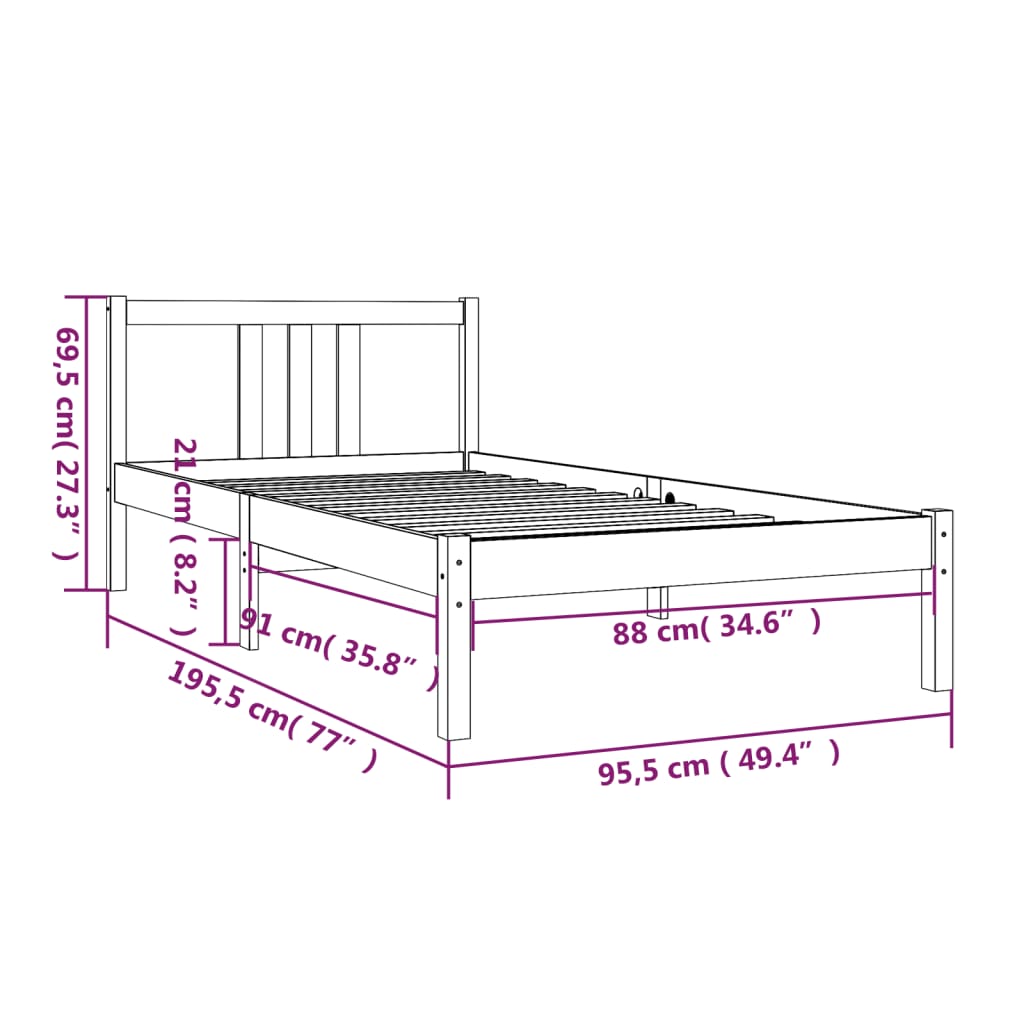 Cadru de pat single, negru, 90x190 cm, lemn masiv