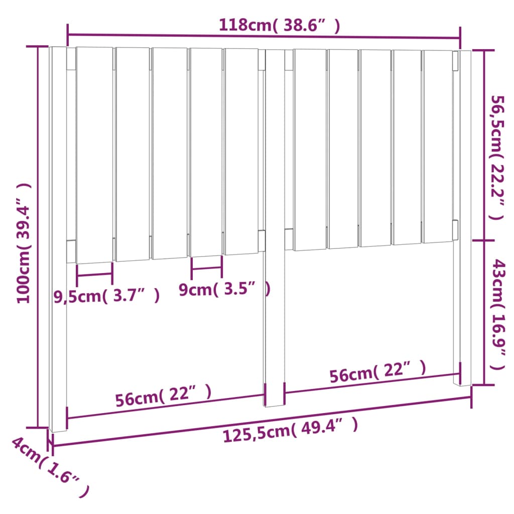 Tăblie de pat, gri, 125,5x4x100 cm, lemn masiv de pin