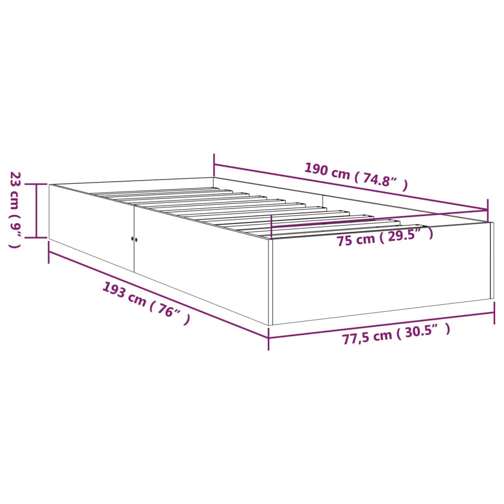 Cadru de pat mic single, alb, 75x190 cm, lemn masiv