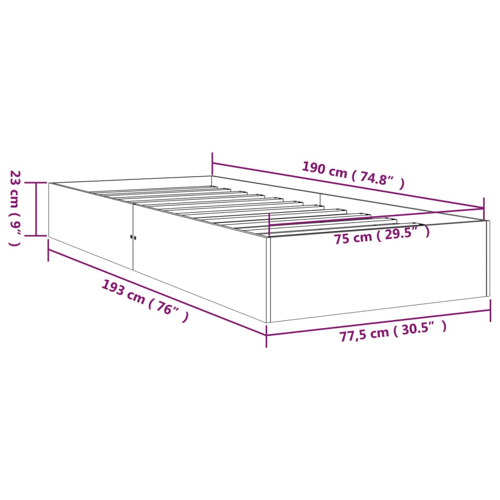 Cadru de pat mic single, gri, 75x190 cm, lemn masiv