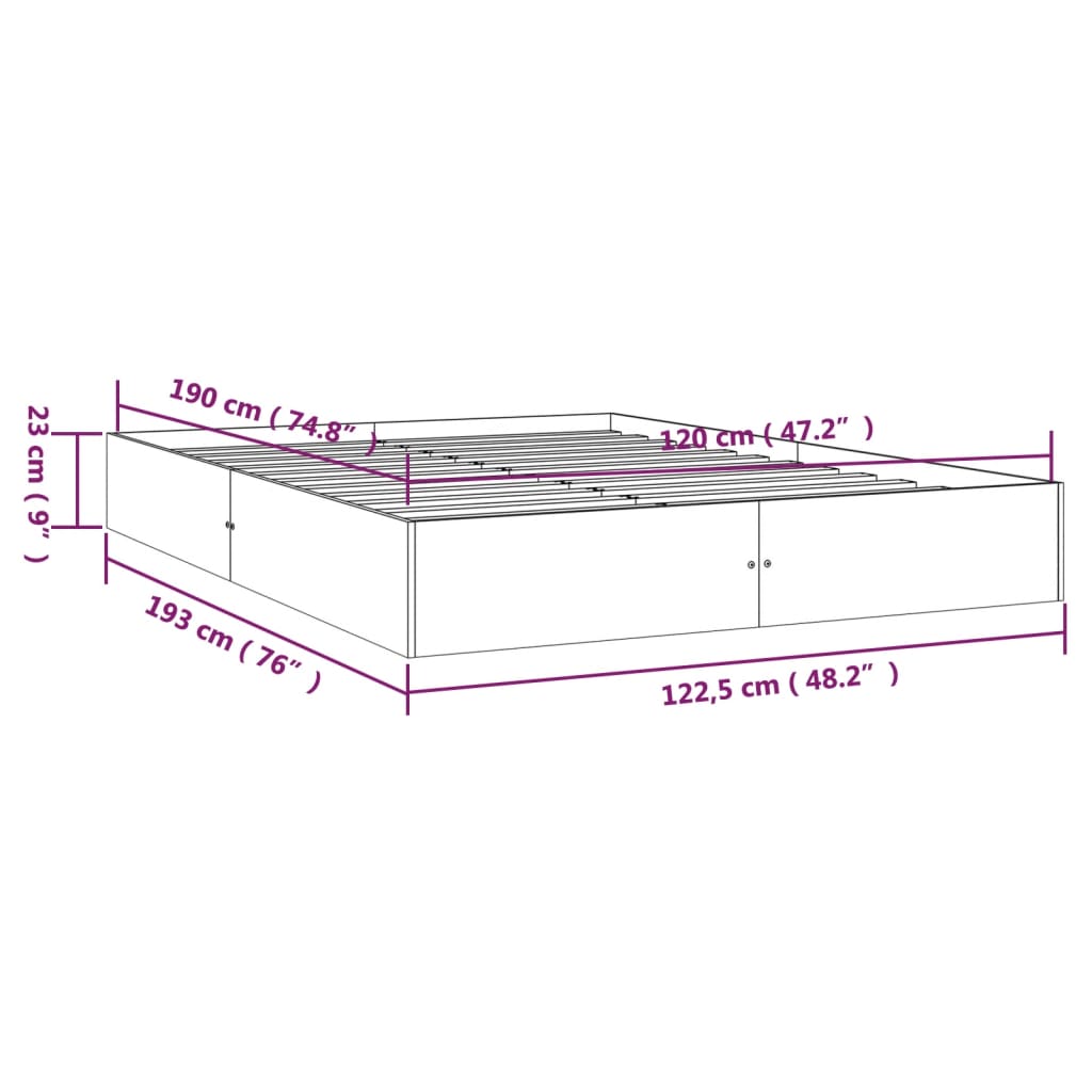 Cadru de pat mic dublu, gri, 120x190 cm, lemn masiv