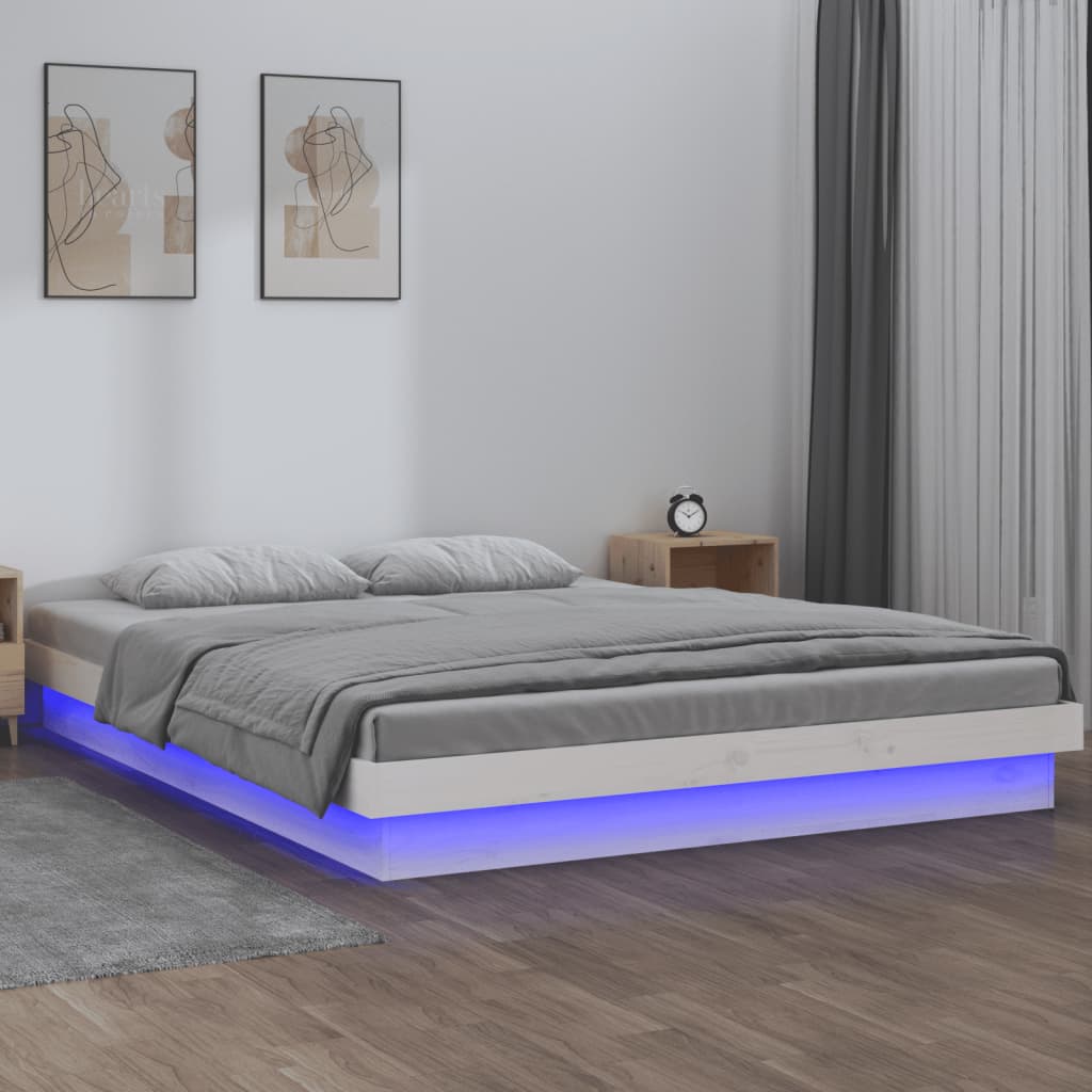 Cadru de pat cu LED, alb, 140x190 cm, lemn masiv