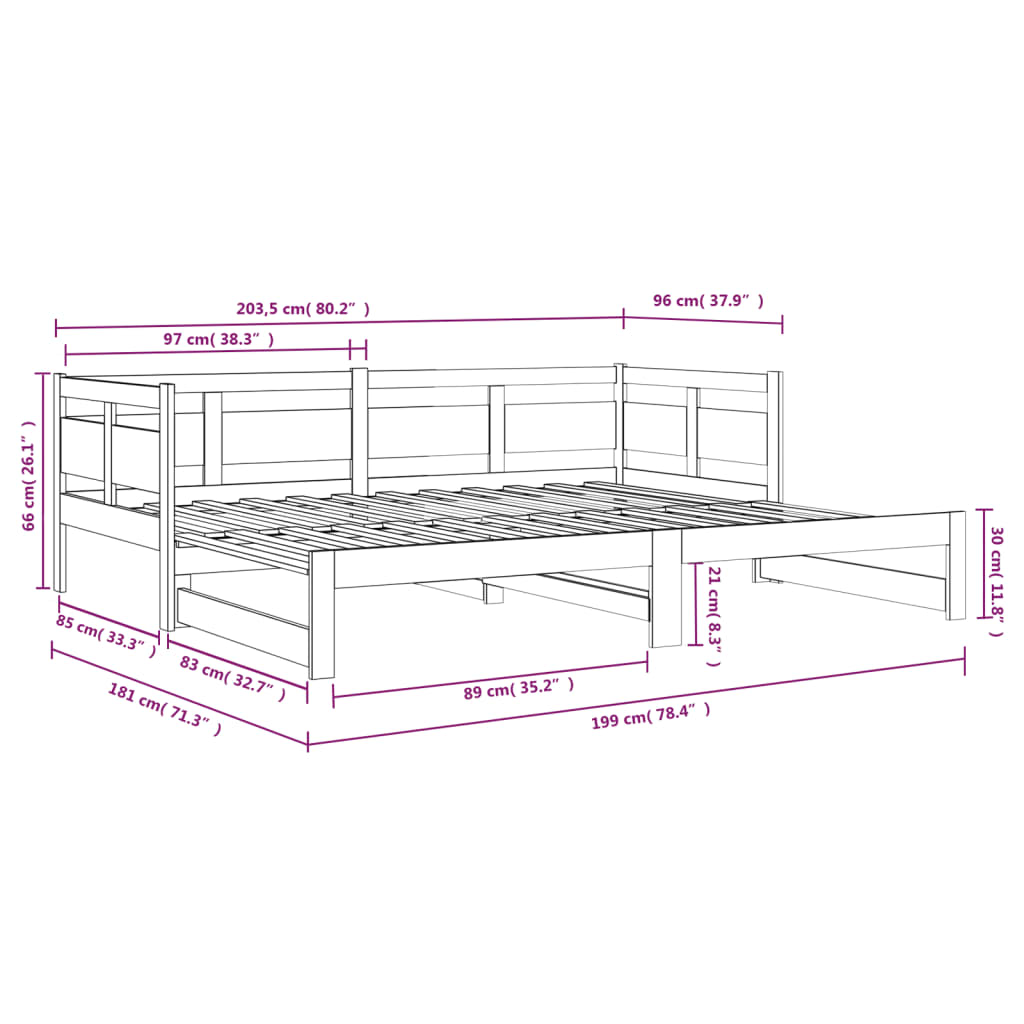 Pat de zi extensibil, 2x(90x200) cm, lemn masiv de pin