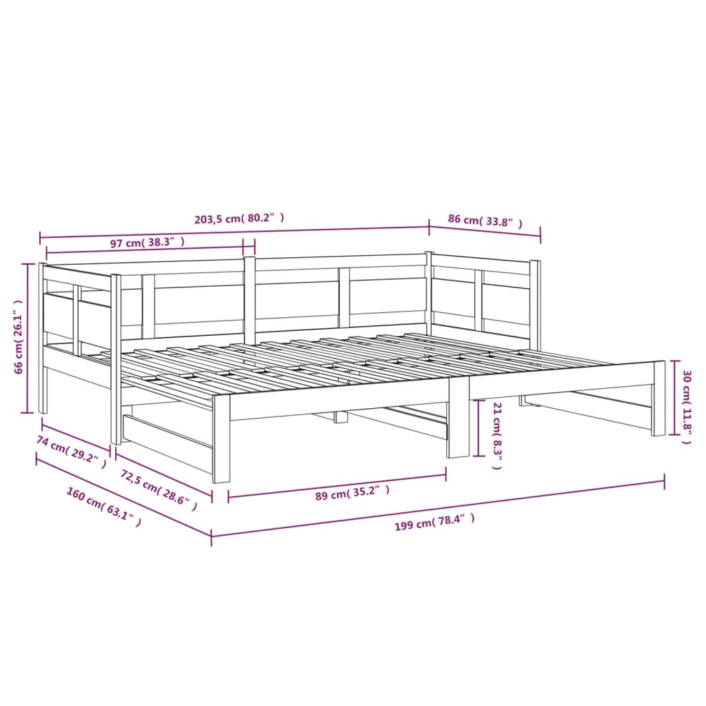 Pat de zi extensibil, negru, 2x(80x200) cm, lemn masiv de pin