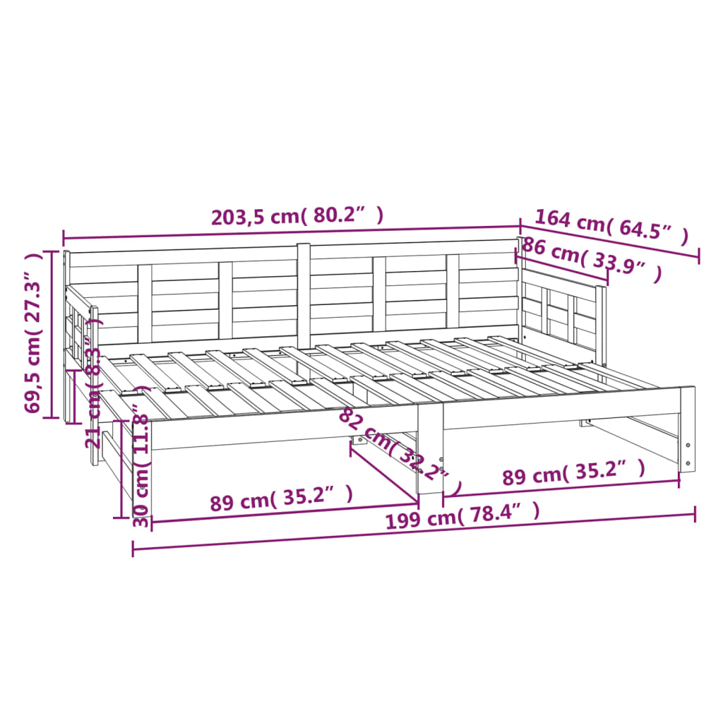 Pat de zi extensibil, alb, 2x(80x200) cm, lemn masiv de pin