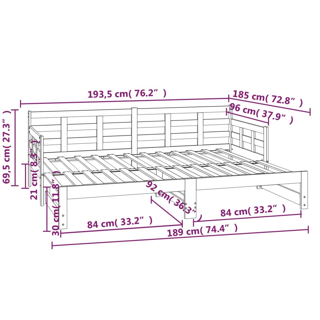 Pat de zi extensibil, 2x(90x190) cm, lemn masiv de pin